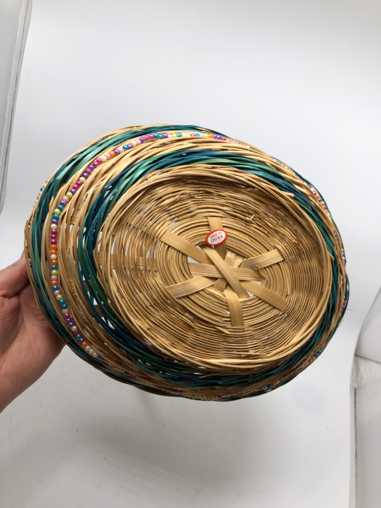 BLUE BEADED WICKER BASKET.