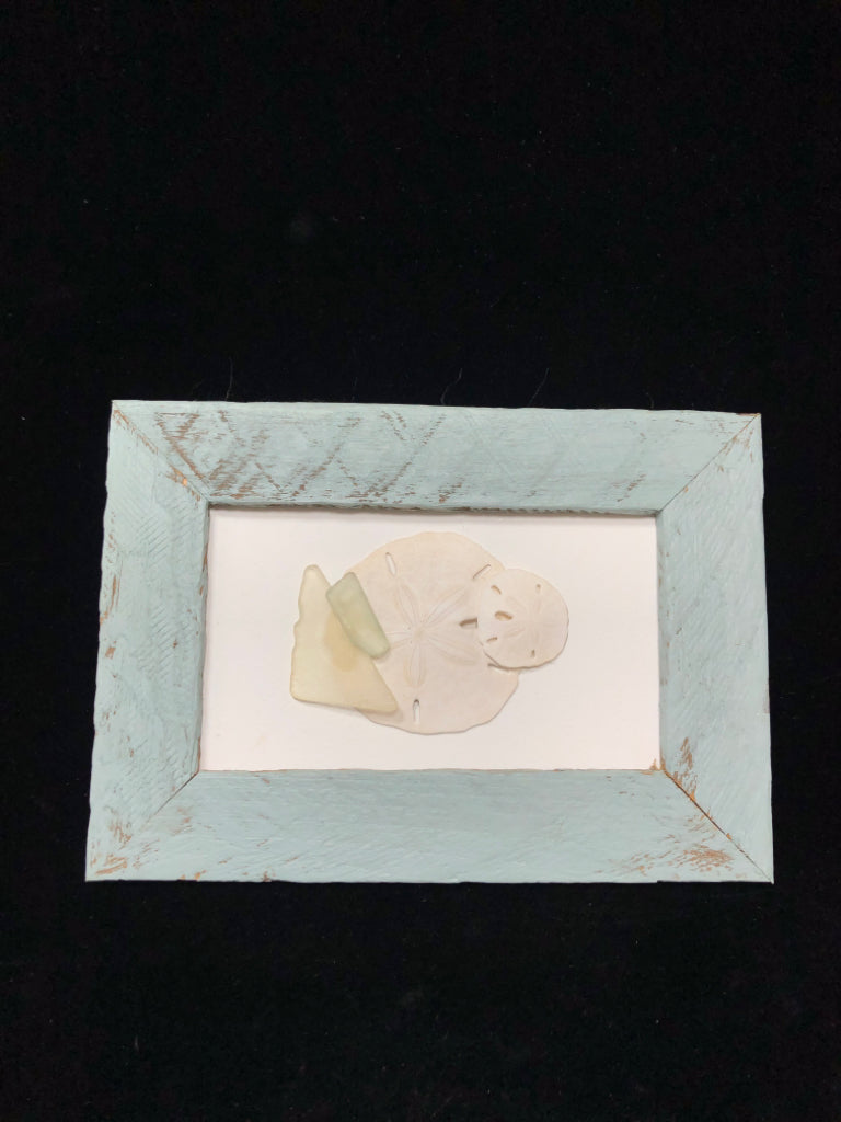 SAND DOLLAR SEA GLASS IN BLUE FRAME.