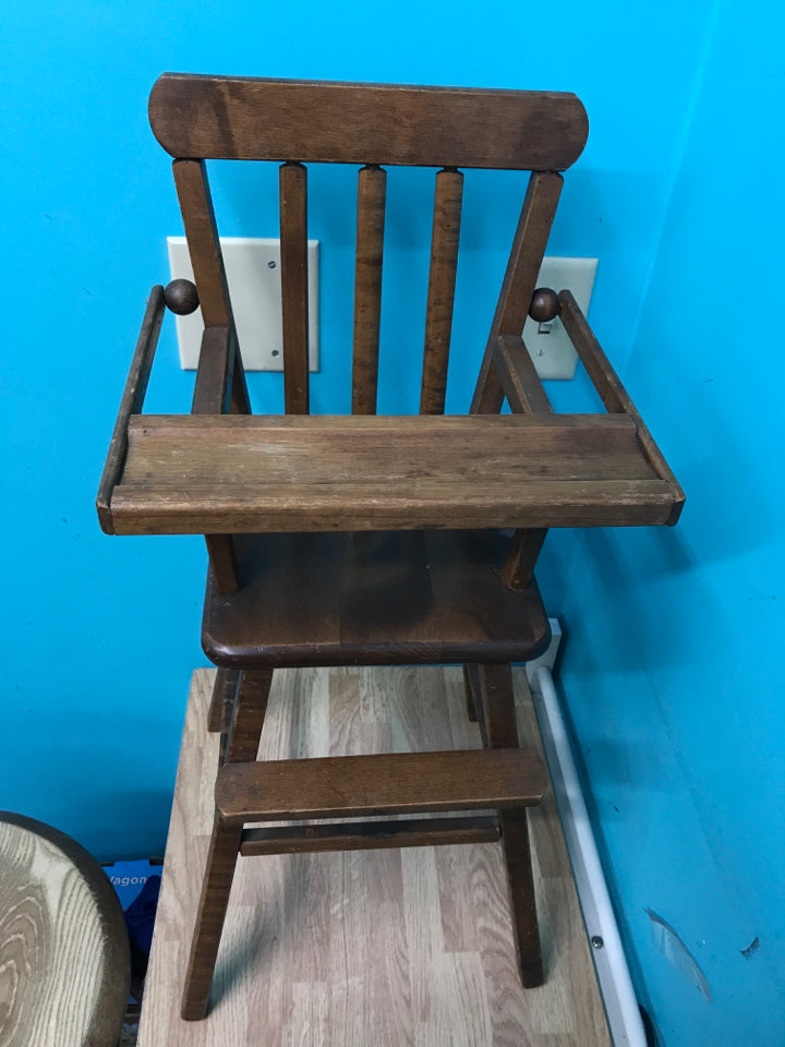 VTG All Wood High Chair for Dolls: 27"H (Tray: 12"W)