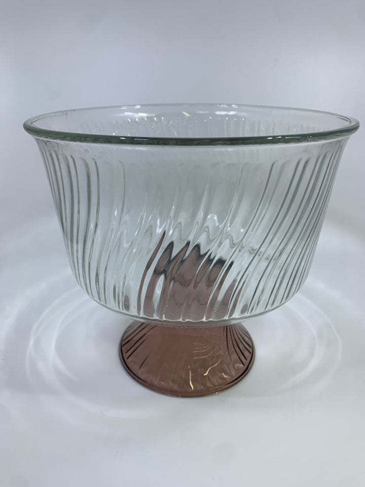 SWIRL FOOTED GLASS TRIFLE BOWL-CLEAR GLASS W/ PURPLE FOOTED.