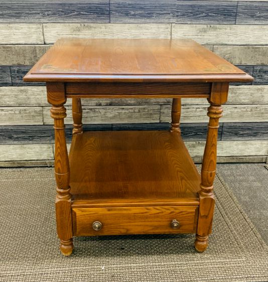 DARK BROWN HITCHCOCK TABLE W ONE LOWER DRAWER.