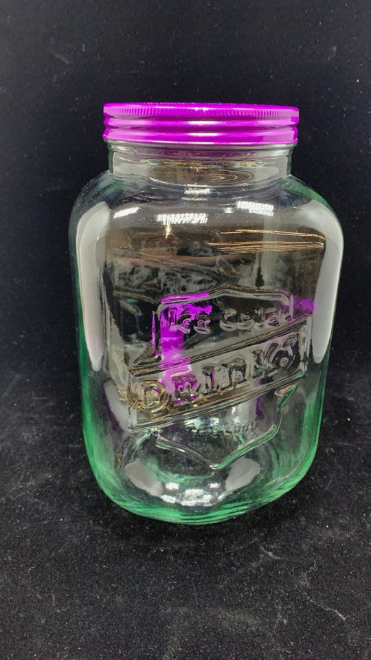 GLASS JAR DRINK DISPENSER W/PURPLE LID.