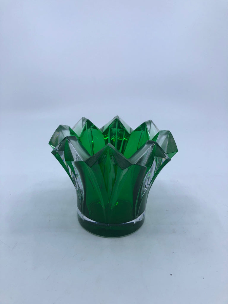 GREEN HEAVY SAWTOOTH EDGE VOTIVE CANDLE HOLDER.