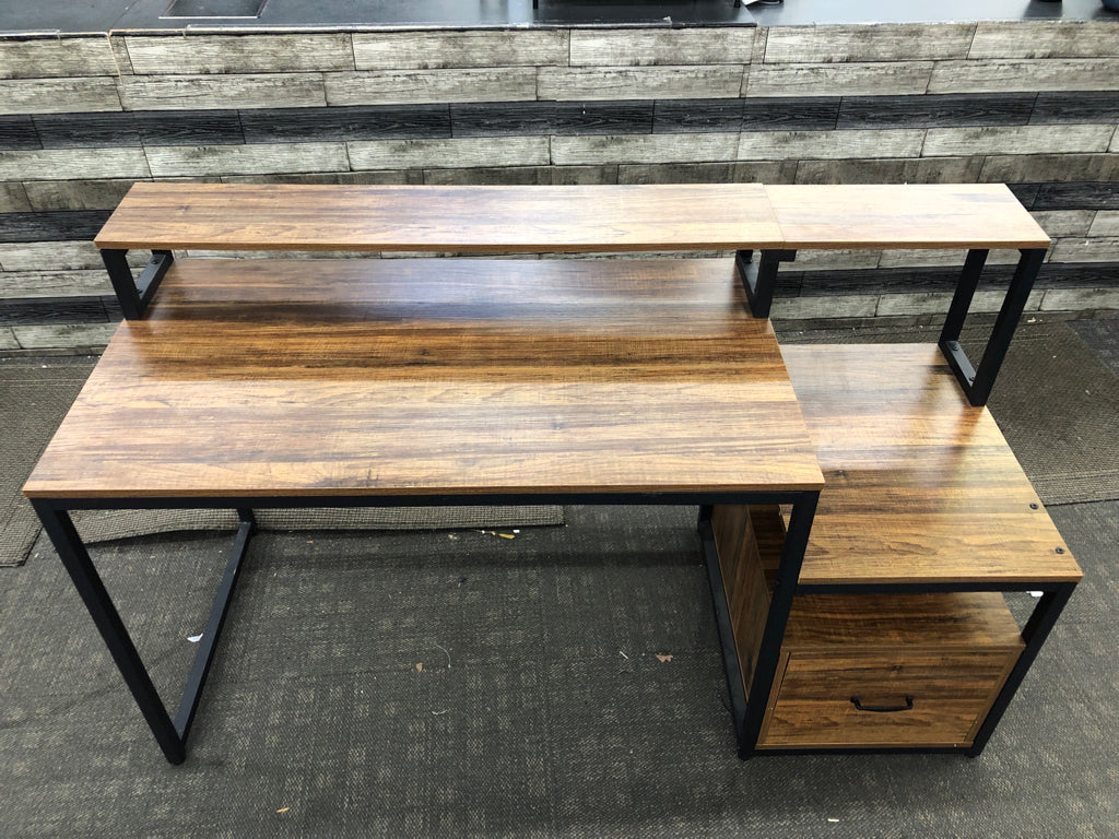 2 TIER OAK WOOD DESK W/METAL BASE, PRINTER SPOT AND FILE CABINET.