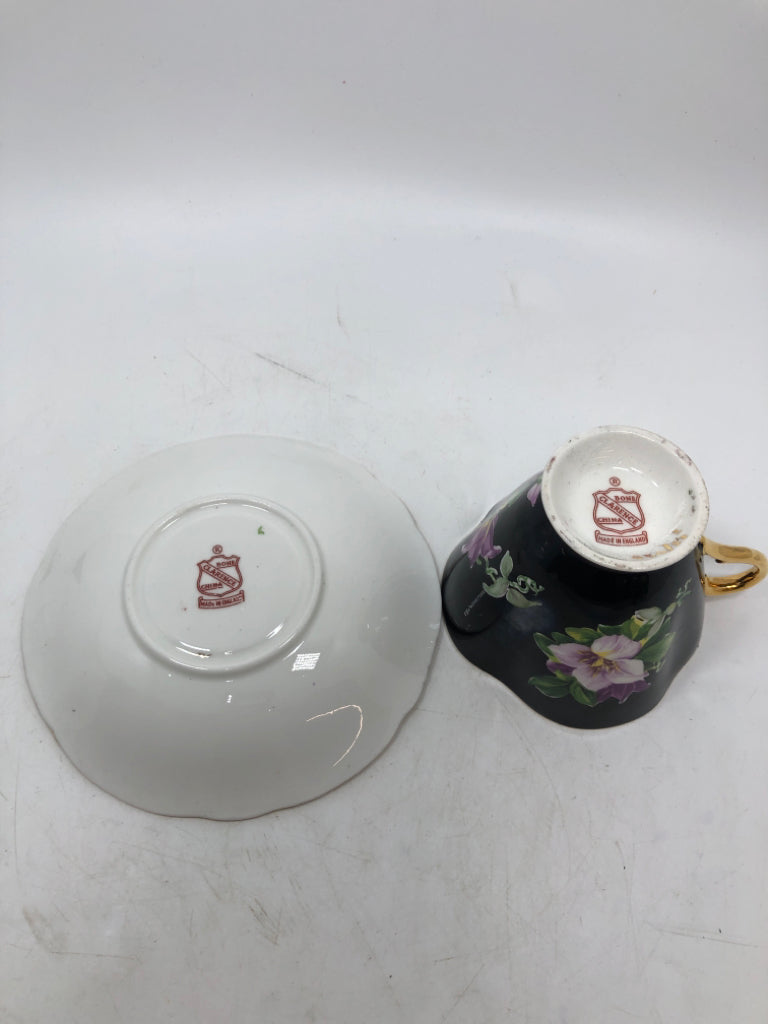 VTG BLACK FLORAL CUP/SAUCER.
