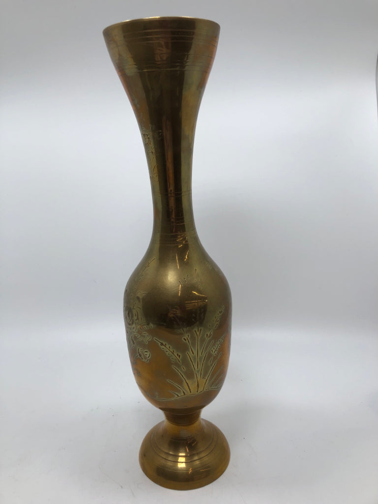 BRASS VASE W/ETCHED FLORAL DESIGNS.