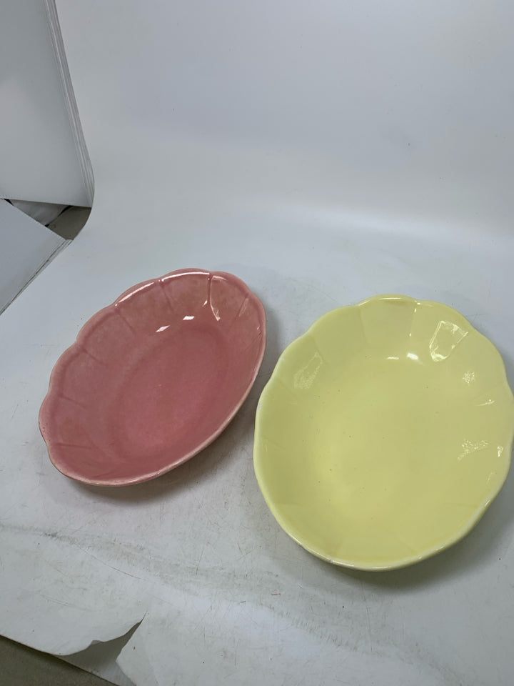 2 OVAL PINK/YELLOW SERVING BOWLS W/ SCALLOP EDGE.