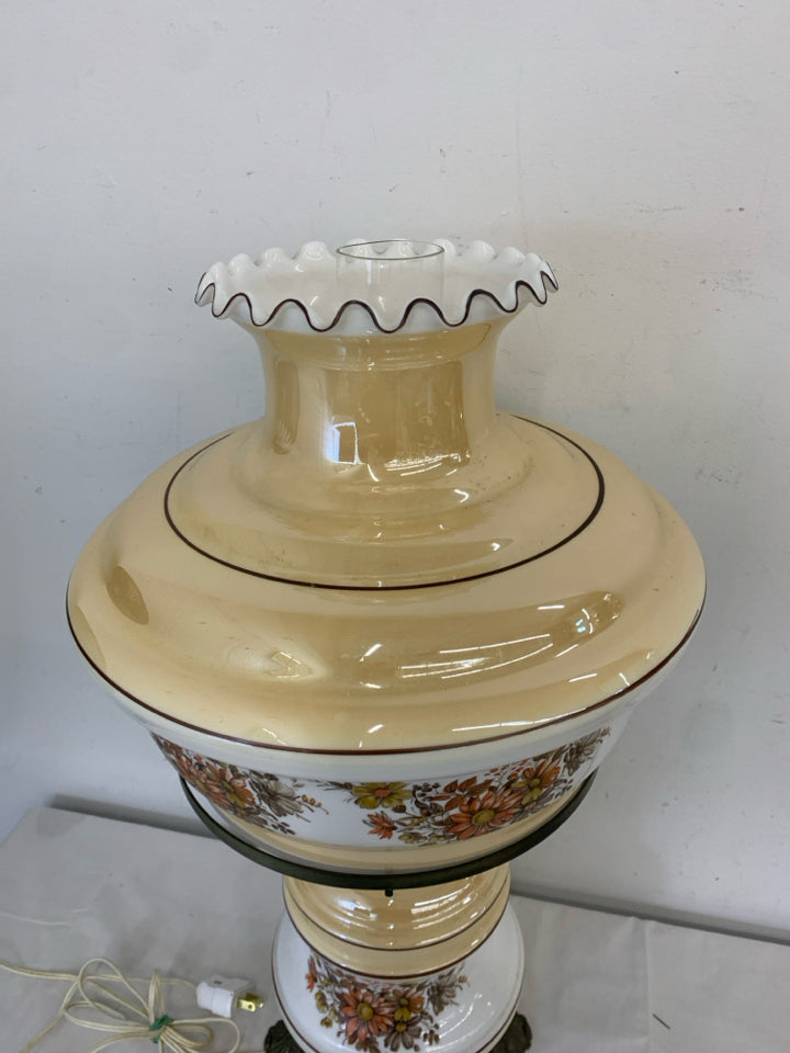 VTG ORANGE IRIDESCENT FLORAL HURRICANE PARLOR LAMP.