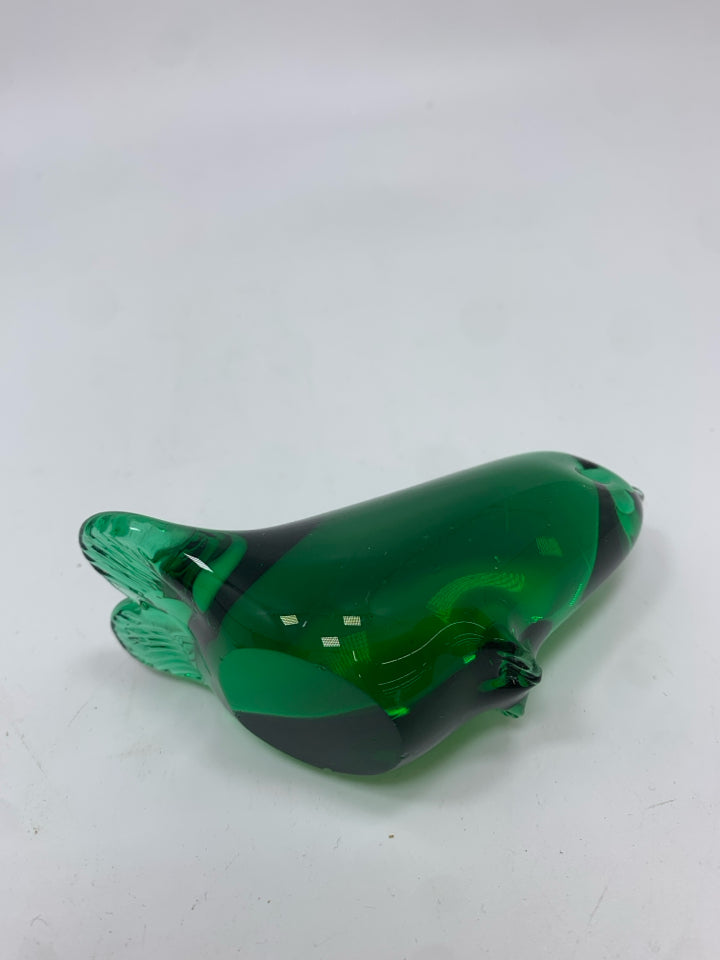 GREEN GLASS SEAL PAPERWEIGHT.