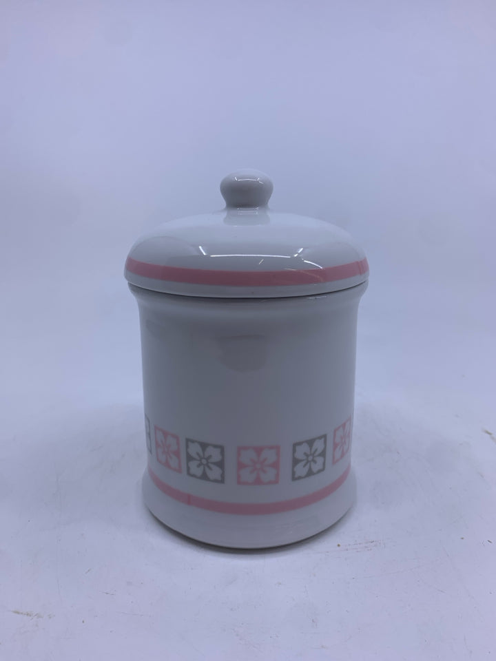 GREY AND PINK FLORAL CANISTER.