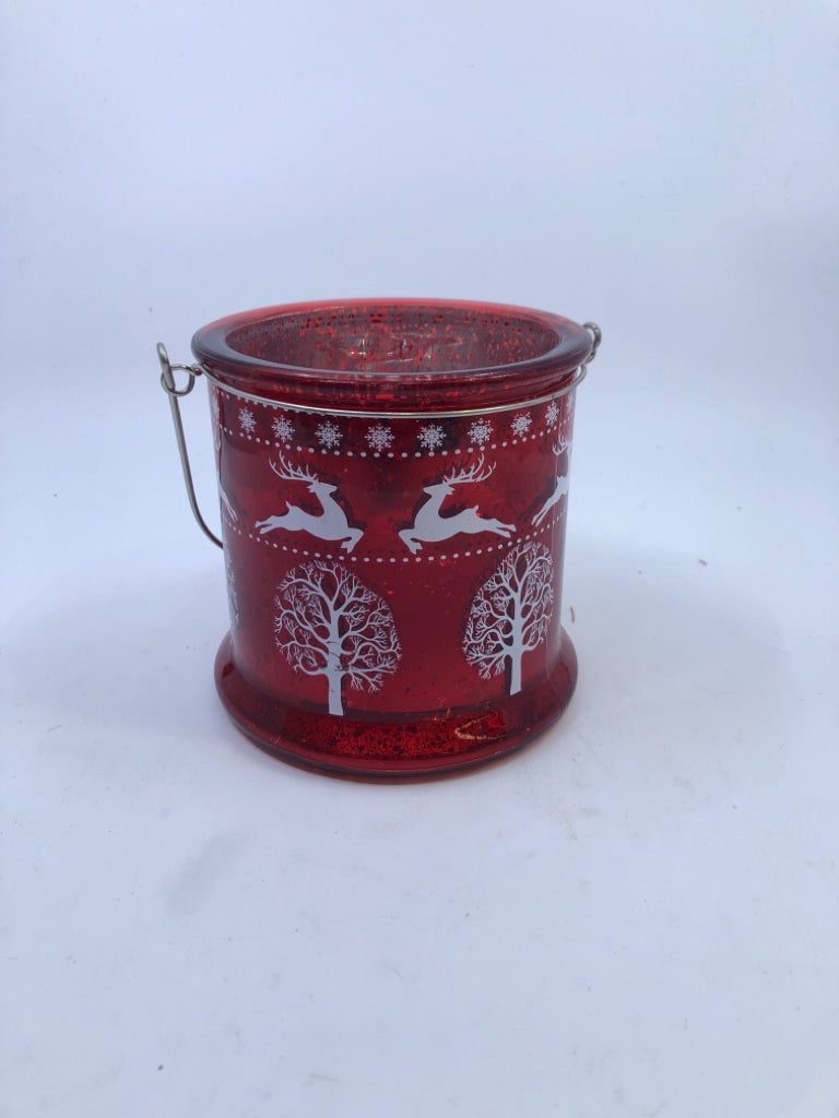 RED W REINDEER MERCURY GLASS LANTERN.