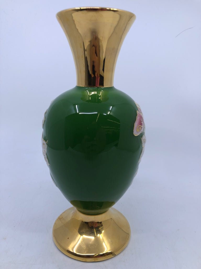 GREEN GOLD VASE W/ YELLOW PINK FLOWERS.