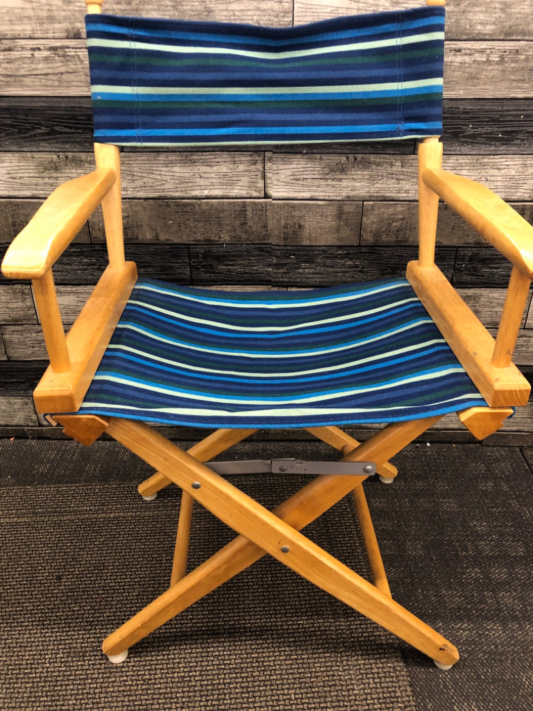 BLUE/GREEN STRIPED BLONDE WOOD DIRECTORS CHAIR.