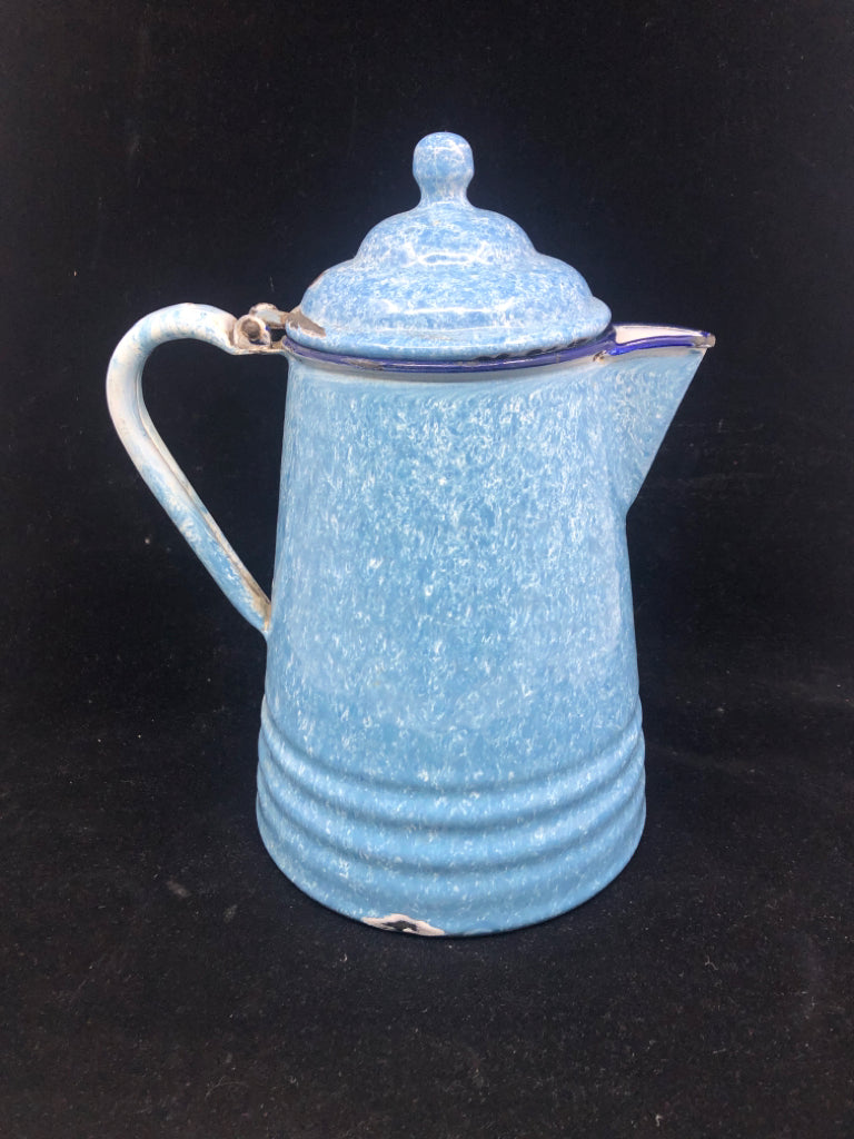 VTG BLUE AND WHITE SPONGED TEAPOT- MINOR WEAR.