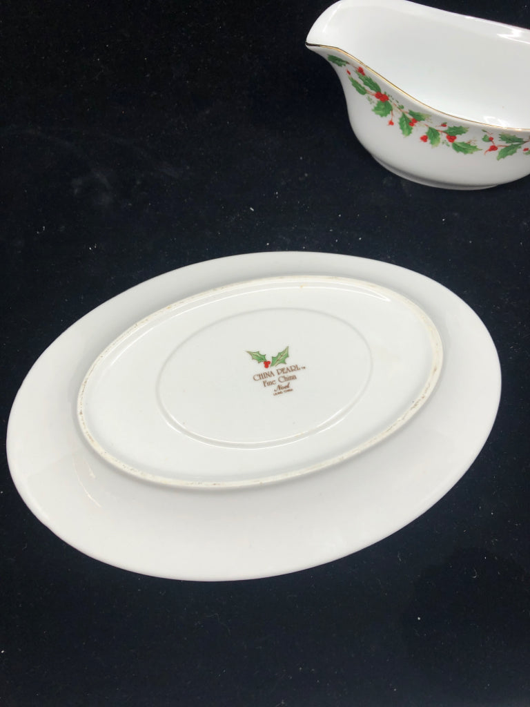 CHINA PEARL MISTLETOE GRAVY BOAT AND PLATE.