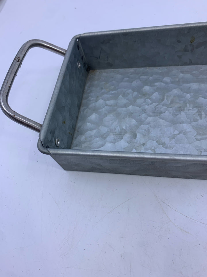 SKINNY GALVANIZED METAL TRAY W HANDLES.