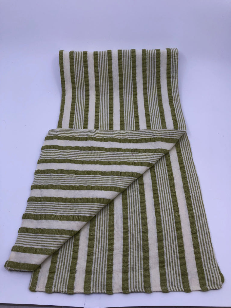 GREEN/WHITE STRIPED TABLE RUNNER.