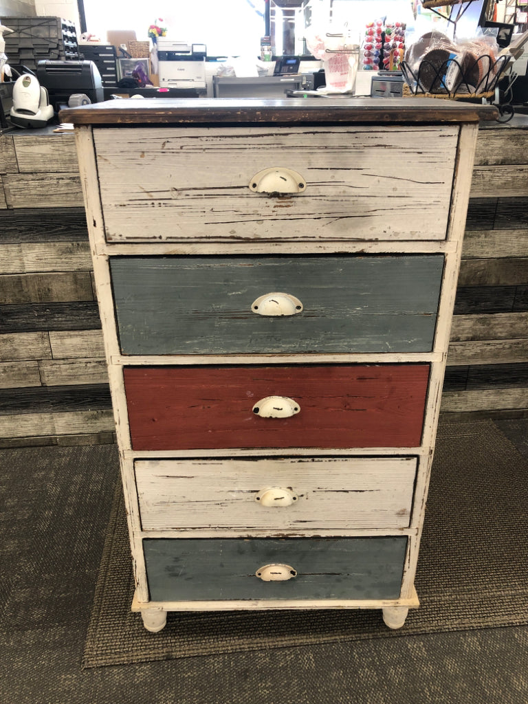 MULTI-COLORED DISTRESSED FARMHOUSE STYLE DRESSER.
