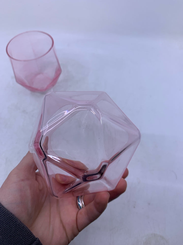 2 STEMLESS PINK GEOMETRIC SHAPED WINE GLASSES.