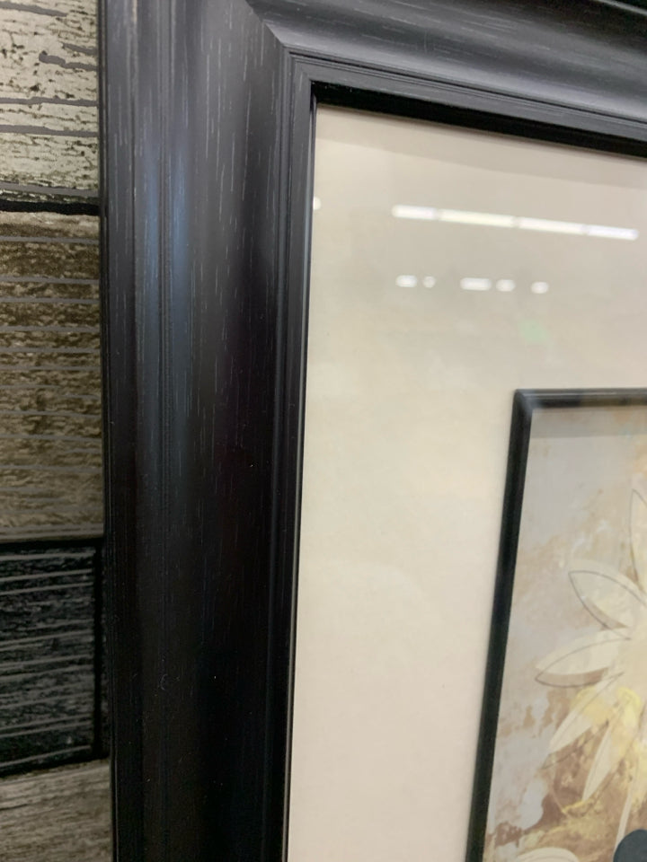 BLUE FLORAL DESIGN BLACK FRAME WALL HANGING.