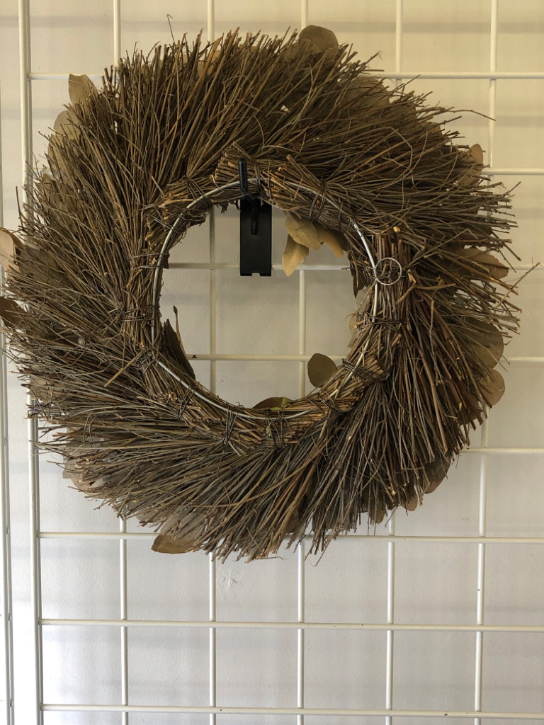 DRIED EUCALYPTUS AND TWIG WREATH W/WHITE BOW.