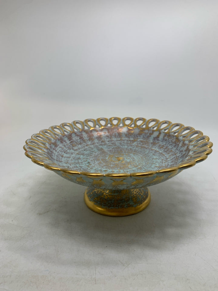 FOOTED TEAL/GOLD SHALLOW BOWL W/ LACE EDGE.