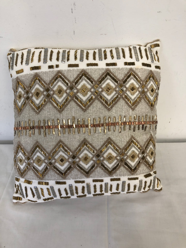 SQUARE GOLD ACCENT BEADED PILLOW.