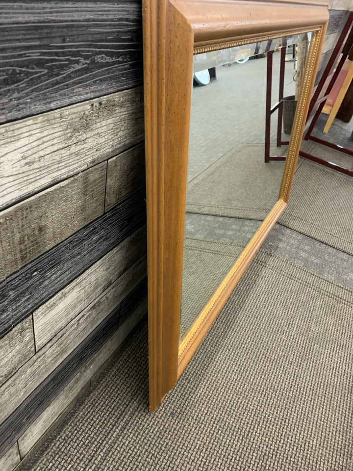 WOOD LARGE HEAVY MIRROR W/ GOLD BEADED INNER EDGE.