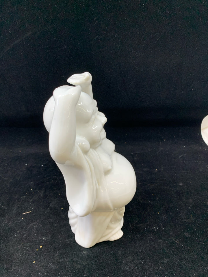 WHITE CERAMIC LUCKY BUDDHA FIGURINE.