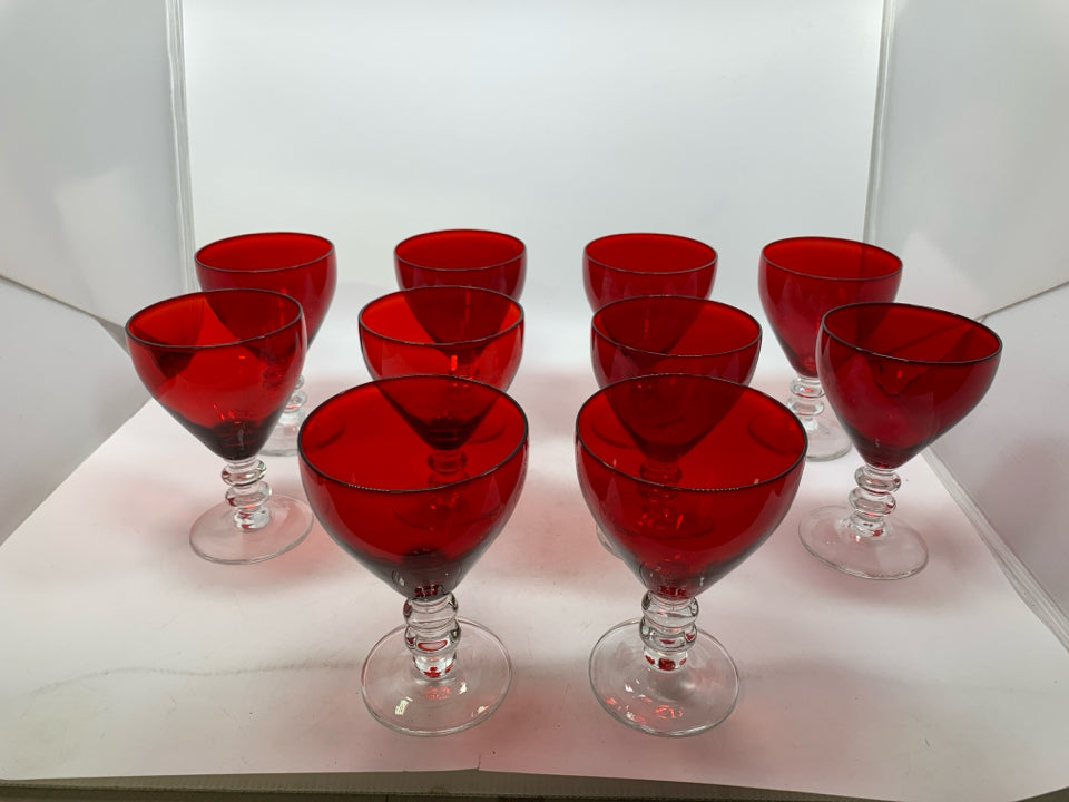 10 CLEAR STEM W/ RED GLASS WINE GLASSES.
