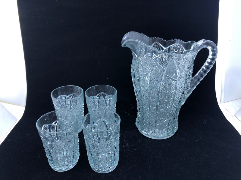 5pc LIGHT BLUE TINT HARD CUT GLASS PITCHER JUICE GLASSES SET.