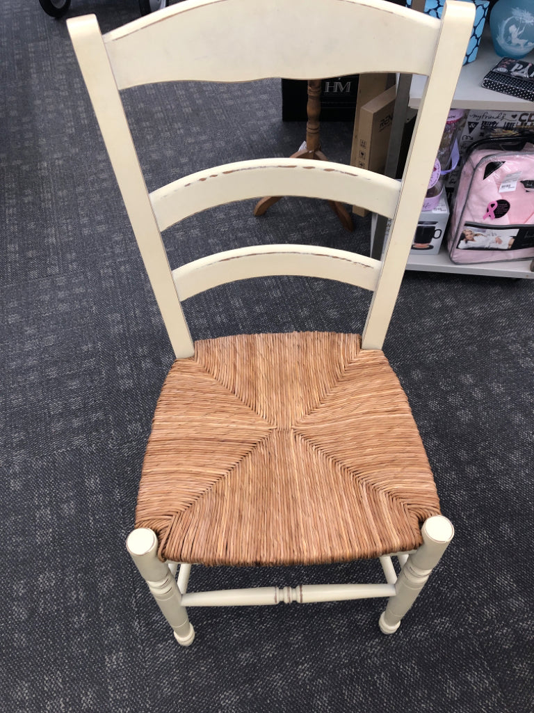 3 YELLOW DISTRESSED WICKER SEAT CHAIR.