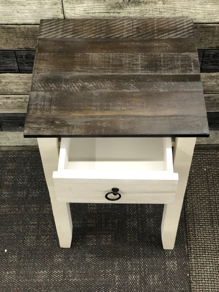 SMALL WHITE SIDE TABLE W 1 DRAWER AND DARK WOOD TOP.