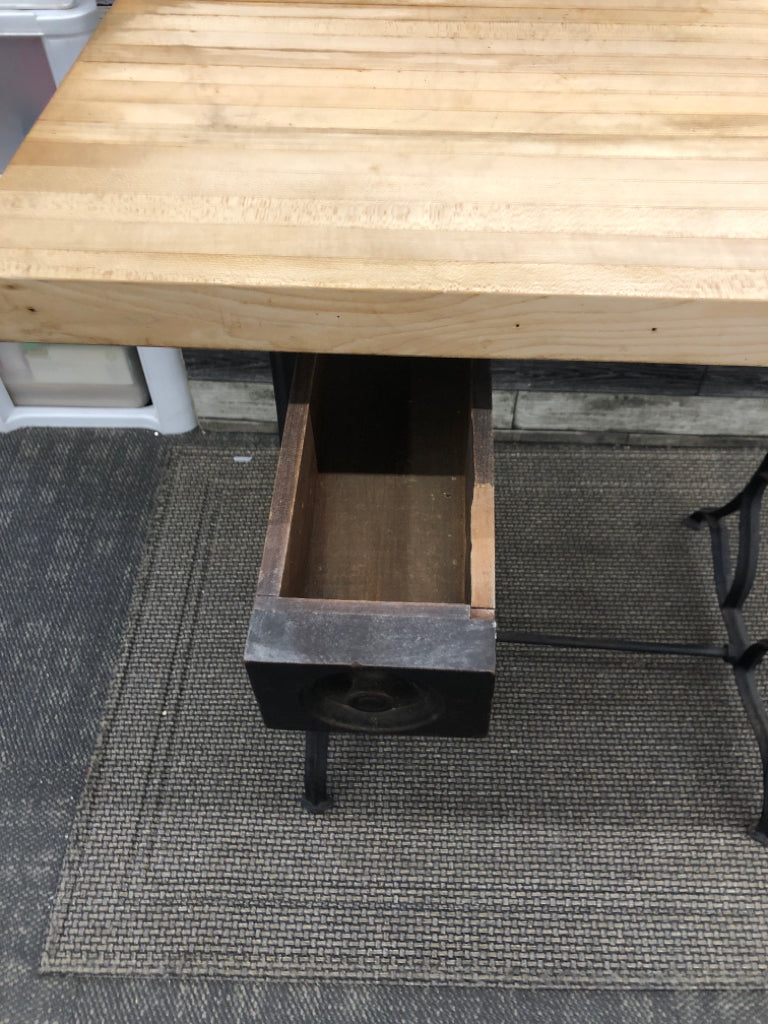 VTG SEWING MACHINE TABLE LEGS WITH BUTCHER BLOCK WOOD TOP.