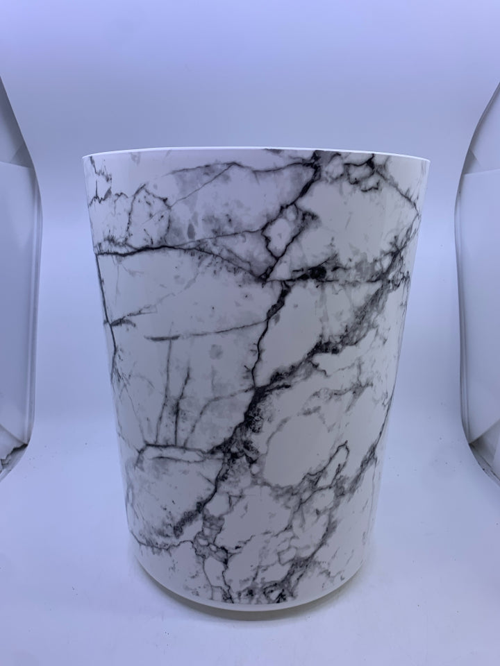 WHITE FAUX MARBLE TRASH CAN.