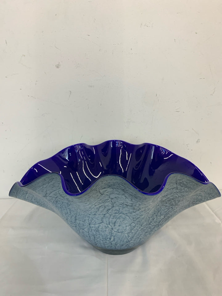 LARGE GLASS BOWL W/ RUFFLED EDGE DARK BLUE W/ CRACKLE PATTERN.