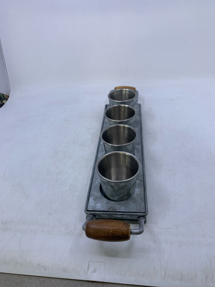 GALVANIZED TRAY W/ 4 SMALL GLASSES DRINK FLIGHT.