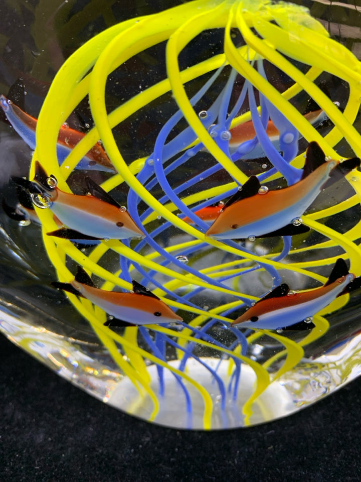 DOLPHINS INSIDE HEAVY GLASS PAPERWEIGHT.