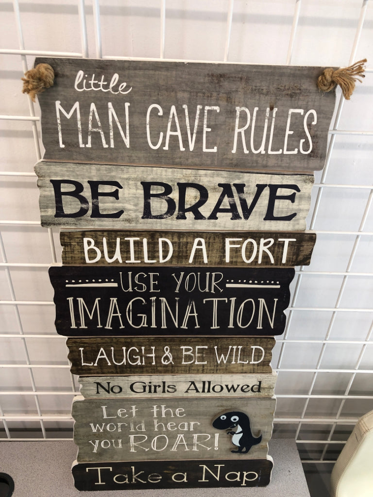 LITTLE MAN CAVE RULES HANGING WOOD SIGN.