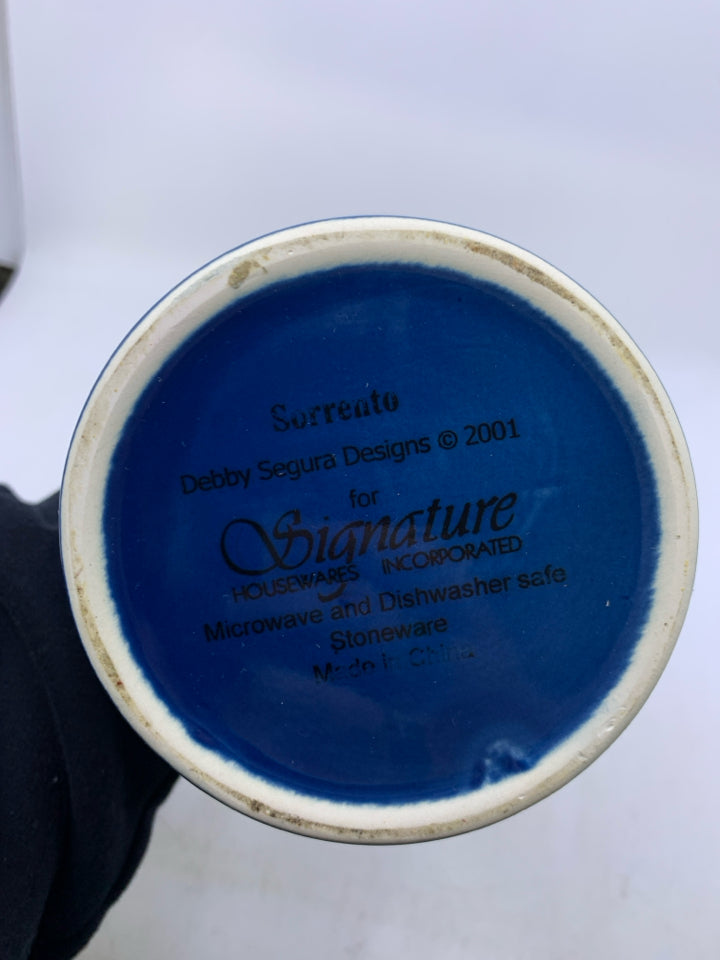 FOOTED DARK BLUE W/ EMBOSSED LEAVES.