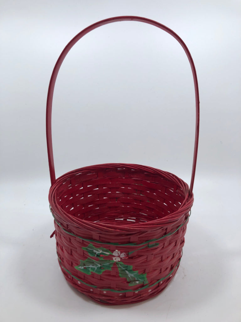 RED ROUND WOVEN BASKET W/ PAINTED HOLLY.