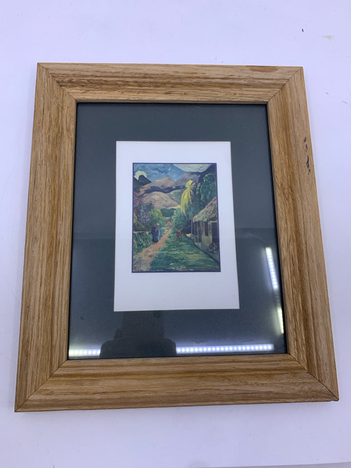 MOUNTIAN SCENE W COUPLE AND CATTLE IN WOOD FRAME WALL ART.