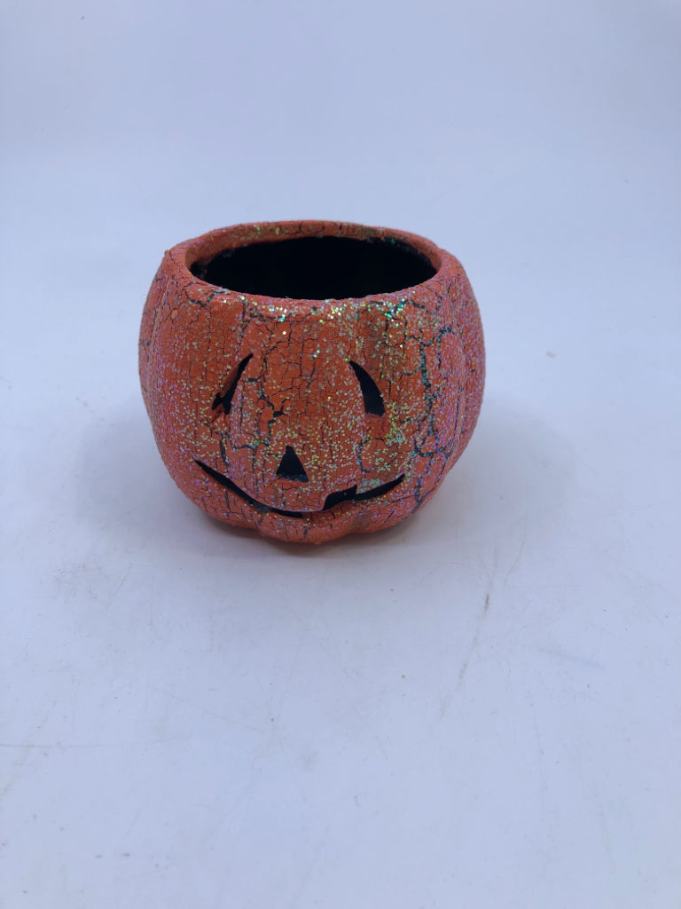 CRACKLE JACK O LANTERN TEAL IGHT HOLDER.