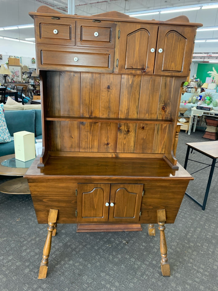 VTG LARGE DARK WOOD 2PC HUTCH W BOTTOM CABINETS AND TOP SHELF.