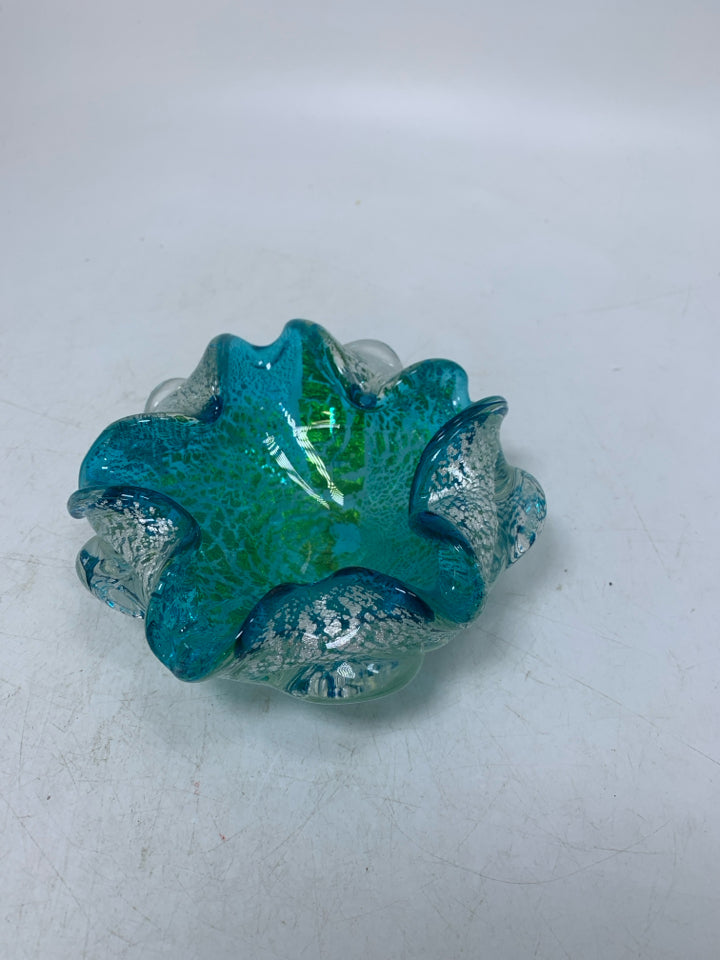 SMALL BLOWN GLASS AQUA/SILVER TRINKET BOWL FOUNDED IN EDGES.