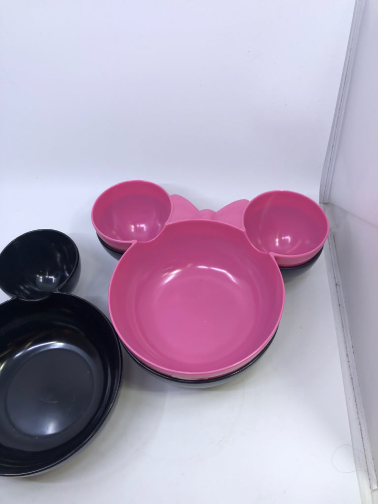 3 PINK AND BLACK MELAMINE MIKEY AND MINNIE BOWLS.