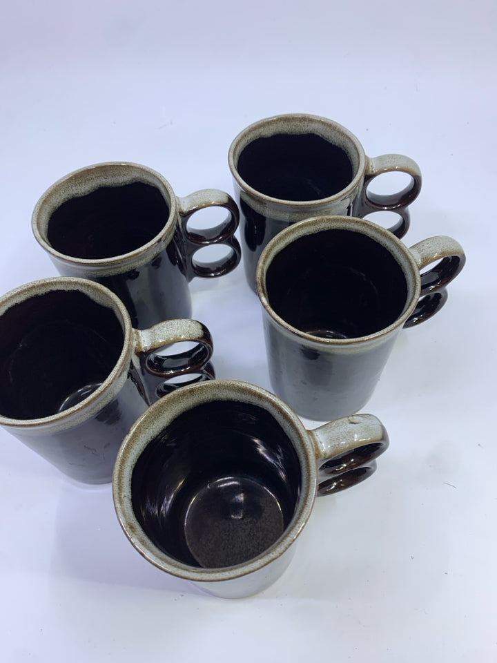 5 BROWN CERAMIC MUGS W/TWO HOLE HANDLE.