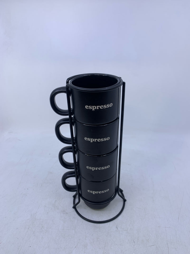 4 MATTE BLACK ESPRESSO MUGS IN METAL STAND.
