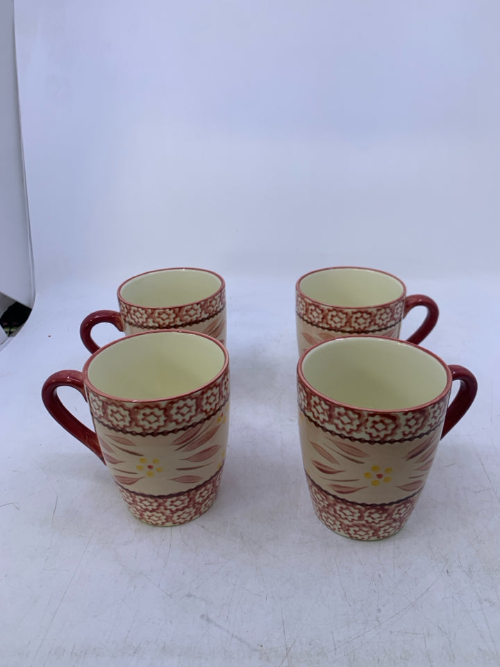 4 RED PATTERN MUGS