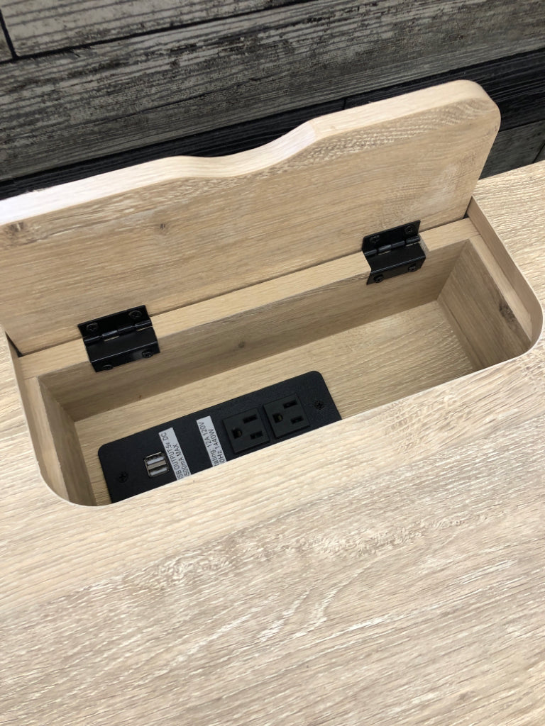 LIGHT WOOD WRITING DESK W/DRAWERS & CHARGING STATION.